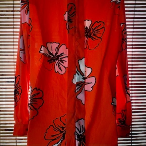 Vince Camuto Bright Orange & Pink Tropcial Hibiscus Blooms Blouse - Picture 9 of 14